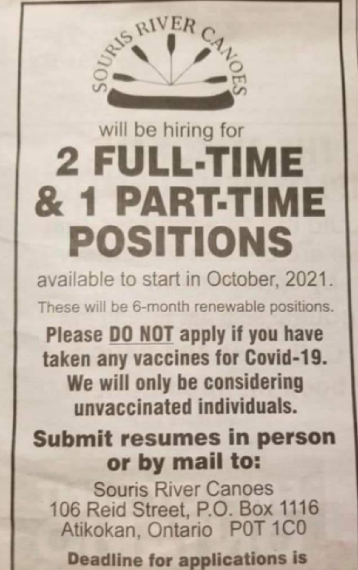 Canadian company under fire for job advert only hiring unvaccinated